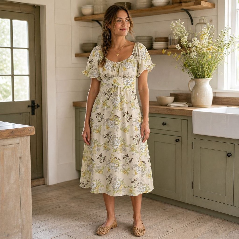 Madden NYC Babydoll Dress Womens M Cream Floral Milkmaid Cottagecore Retro